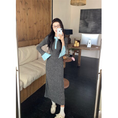 批发2025新款法式假两件气质内搭针织长袖<b class='q'>连衣裙</b>子女秋冬高级设计长裙