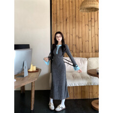 批发深初秋季法式灰色修身显瘦<b class='q'>连衣裙</b>子女2025新款高级感撞色包臀长裙