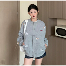 批发美式复古卡通小狗刺绣开衫外套宽松慵懒风国<b class='q'>潮牌</b>立领夹克<b class='q'>卫衣</b>男女