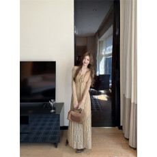 批发法式高级感V领绑带蕾丝长袖<b class='q'>连衣裙</b>女2026秋季新款修身气质长裙子