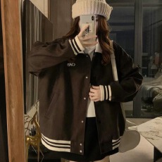 批发美拉德穿搭棒球服外套女秋季字母刺绣翻领<b class='q'>夹克</b>复古慵懒风宽松上衣
