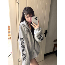 批发美式高街华夫格哥特风字母连帽卫衣女秋冬加厚开衫拉链情侣装外套