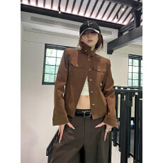 批发美式复古棕色立领工装<b class='q'>外套</b>女款春秋季小个子<b class='q'>修身</b>显瘦短款夹克上衣