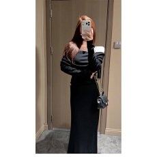 批发韩系慵懒风一字肩针织上衣女秋季新款时尚休闲a字半身<b class='q'>长裙</b><b class='q'>两件套</b>