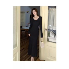 批发温柔风V领喇叭长袖<b class='q'>连衣裙</b>女秋季小个子气质收腰A字裙长款内搭裙子