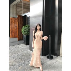 批发复古氛围感V领绑带<b class='q'>蕾丝</b>长袖包臀裙慵懒风若隐若现长袖法式长裙女