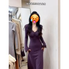 批发法式简约蕾丝V领紫色<b class='q'>连衣裙</b>早春季2025新款打底包臀气质显瘦<b class='q'>长裙</b>