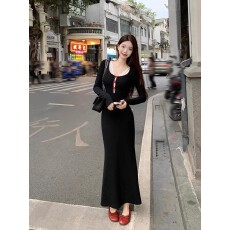 批发法式性感修身黑色针织鱼尾<b class='q'>连衣裙</b>女秋冬钓系约会裙内搭包臀长裙子
