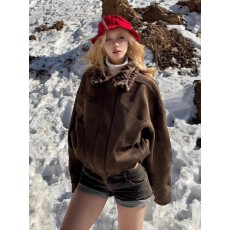 美拉德复古豹纹毛茸茸翻领拼接麂皮绒外套女秋装潮酷街头休闲夹克