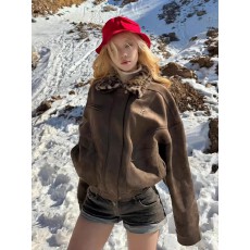 美式复古棕色夹克女秋季新款设计感豹纹撞色翻领外套宽松百搭上衣