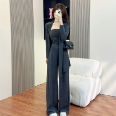 批发秋冬穿搭一整套2025女装减龄开衫抹胸阔腿裤三件套慵懒风休闲套装