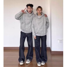 批发高街美式复古设计感不规则双拉链卫衣男女春秋重磅连帽开衫<b class='q'>外套</b>潮