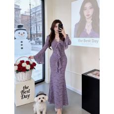 批发紫色V领蕾丝连衣裙女秋冬紧身显身材<b class='q'>长裙</b>名媛风性感包臀鱼尾裙子