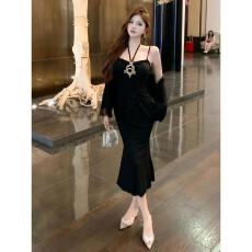 批发纯欲风蕾丝挂脖<b class='q'>吊带</b>连衣裙女春秋季收腰气质<b class='q'>长裙</b>防晒开衫两件套装