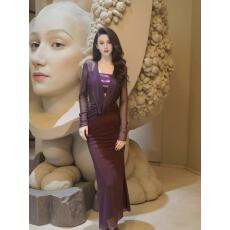 批发【高品质】高级紫色拼接修身<b class='q'>长裙</b>气质长袖新款春季性感紫色显瘦