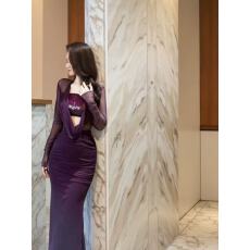 批发【高品质】紫色网纱拼接亮丝修身<b class='q'>长裙</b>新款性感辣妹透视<b class='q'>包臀</b>连衣裙