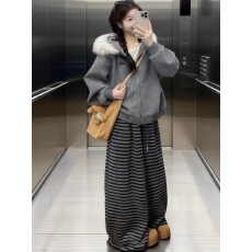 批发日系街头美式深灰色毛领连帽开衫卫衣<b class='q'>女</b>秋冬拉链学生慵懒外套上衣