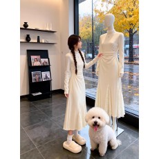 批发法式蕾丝半高领内搭针织长袖<b class='q'>连衣裙</b>女<b class='q'>春秋</b>冬季气质收腰鱼尾长裙子