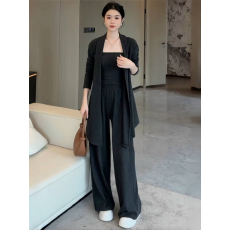批发韩系chic时髦减龄休闲套装女春秋新款开衫披肩+背心阔腿裤三件套