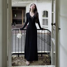 批发法式蕾丝花边长袖连衣裙女装冬季韩系新款气质褶皱收腰<b class='q'>大摆裙</b>长裙