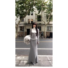 批发假两件灰色高领长袖连衣裙女秋冬修身内搭收腰显瘦设计感包臀长裙