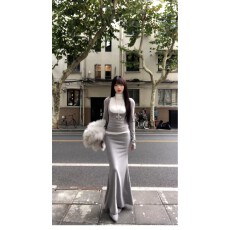 批发春季穿搭灰色假两件长袖秋冬连衣裙子女2026超火穿搭一整套装长裙