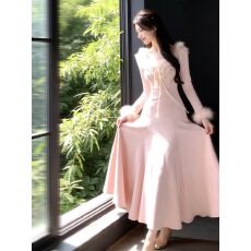 批发miu系千金风粉色连衣<b class='q'>裙</b>女秋冬装法式温柔风毛毛<b class='q'>裙</b>子长款内搭a字<b class='q'>裙</b>