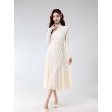 批发半高领蕾丝拼接针织长袖连衣<b class='q'>裙</b>女秋冬款收腰内搭配毛衣鱼尾长<b class='q'>裙</b>子