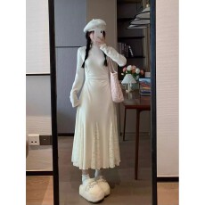 法式拼接蕾丝拼接半高领连衣裙春秋气质配大衣内搭打底鱼尾长裙子