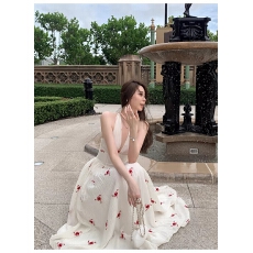 批发纯欲碎花挂脖<b class='q'>连衣裙</b>女夏2026新款露背刺绣氛围感收腰显瘦度假<b class='q'>长裙</b>