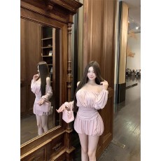 批发独特绝美漂亮小<b class='q'>套装</b>温柔气质<b class='q'>名媛</b>粉色一字肩上衣花苞短裤子两件套