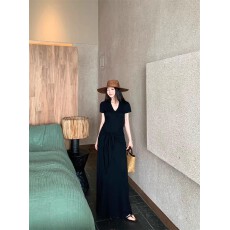 批发气质黑色短袖连衣裙女装春季绑带收腰<b class='q'>休闲</b>裙子高腰垂感a字裙长裙