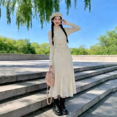 批发法式纯欲半高领拼接蕾丝连衣裙女2026春秋新款收腰显瘦蕾气质长裙