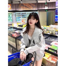 批发美式复古连帽灰色卫衣外套女春秋季oversize韩系早秋学院风棒球服