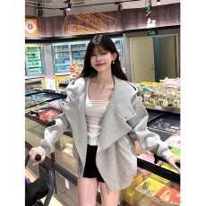 批发美式设计感双拉链<b class='q'>开衫</b>外套女春秋季灰色高级感连帽<b class='q'>卫衣</b>春秋上衣潮