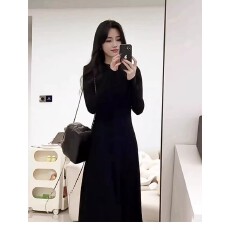 批发黑色半高领长袖<b class='q'>连衣裙</b>女小个子简约百搭2026早春巨好看中长款裙子