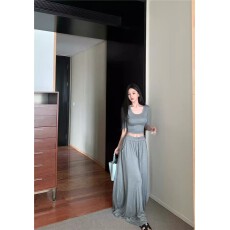 批发温柔风套装气质u领中袖<b class='q'>修身</b>T恤女夏季穿搭高腰a字裙半身裙两件套