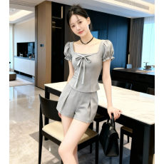 批发套装复古时尚泡泡袖套装女修身显瘦2026新款<b class='q'>春</b>夏季短袖两件套装