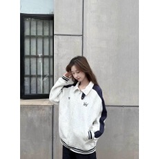 批发学院风美式条纹拼接运动开衫<b class='q'>男</b>女春季立领撞色插肩袖情侣夹克外套