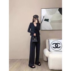 批发韩版气质小众纯色慵懒三件套女装秋季新款时髦宽松开衫阔腿裤套装