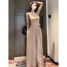 批发夏装高级感纯欲风短袖修身上衣阔腿长裤子两件套慵懒风时尚女套装