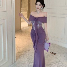 批发气质多种穿法花朵一字肩<b class='q'>紫色</b><b class='q'>连衣裙</b>辣妹性感网纱褶皱修身包臀长裙