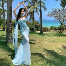 批发法式气质名媛绝美鱼尾长裙网纱抹胸<b class='q'>连衣裙</b>女高级感海边度假沙滩裙