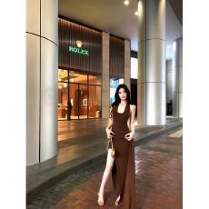 批发纯欲性感挂脖露背<b class='q'>吊带</b>连衣裙女夏季新款辣妹风收腰包臀高开叉长裙