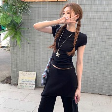 批发韩系chic甜辣妹套装女夏季新款设计感小众短袖T恤假两件微喇长裤
