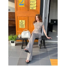 批发韩系休闲两件套女夏季不规则短袖T恤微喇裤显瘦收腰上衣长裤套装