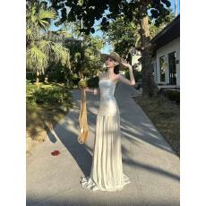 批发法式高级感亮片拼接抹胸连衣裙女气质收腰显瘦海边度假风<b class='q'>拖地</b><b class='q'>长裙</b>