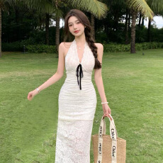 批发性感露背蕾丝挂脖<b class='q'>连衣裙</b>女夏季气质绝美度假长裙修身收腰包臀长裙