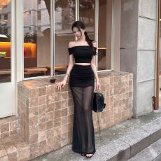 批发一字领纯欲性感短袖T恤上衣女夏季套装网纱拼接包臀<b class='q'>半身裙</b>两件套