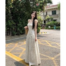 批发法式甜美田园风波点吊带连衣裙女<b class='q'>夏</b>季荷叶边收腰长裙清爽减龄裙子